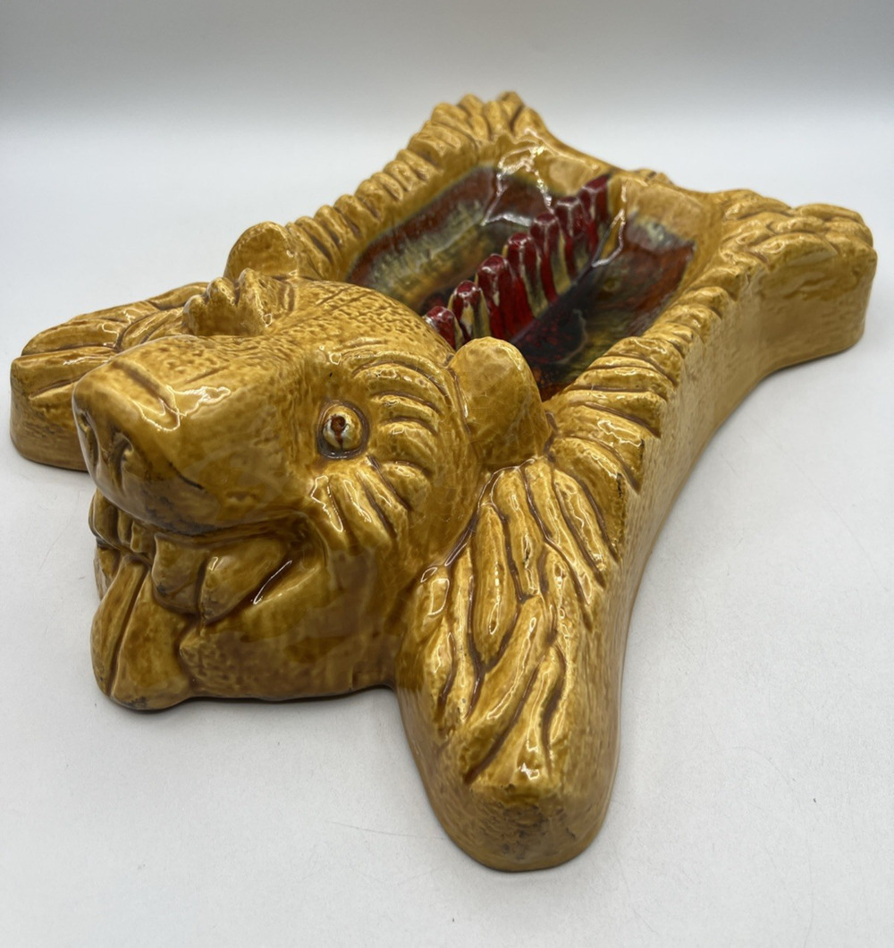 Vtg MCM California Pottery Bear Rug Ashtray 1970s Retro Yellow Red USA 14" AS IS